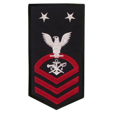 Men's E9 (SBCM) Rating Badge in STANDARD Red on Blue POLY/WOOL for Special Warfare Boat Operator 