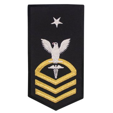 Women's E8 (HMCS) Rating Badge in STANDARD Gold on Blue POLY/WOOL for Hospital Corpsman