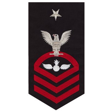 Men's E8 (AOCS) Rating Badge in STANDARD Red on Blue POLY/WOOL for Aviation Ordinanceman
