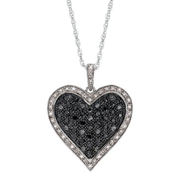 Sterling Silver Black and White Diamond Heart Pendant Necklace