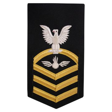 Men's E7 (AOC) Rating Badge in PREMIER VANFINE 24KT BULLION with Gold Lace on Blue Brooks Brother's POLY/WOOL for Aviation Ordinanceman