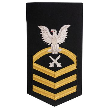 Men's E7 (GMC) Rating Badge in PREMIER VANFINE 24KT BULLION with Gold Lace on Blue Brooks Brother's POLY/WOOL for Gunner's Mate
