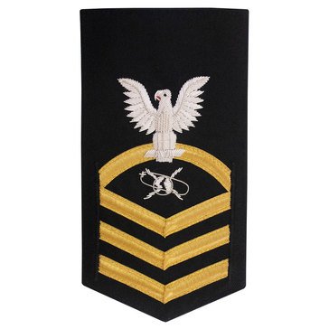 Men's E7 (MCC) Rating Badge in PREMIER VANFINE 24KT BULLION with Gold Lace on Blue Brooks Brother's POLY/WOOL for Mass Communications Specialist 
