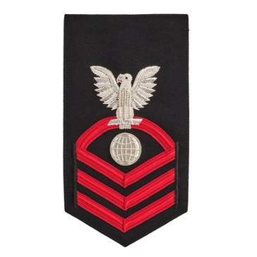 Men's E7 (EMC) Rating Badge in PREMIER VANFINE 24KT BULLION with Red Lace on Blue Brooks Brother's POLY/WOOL for Electrician's Mate 