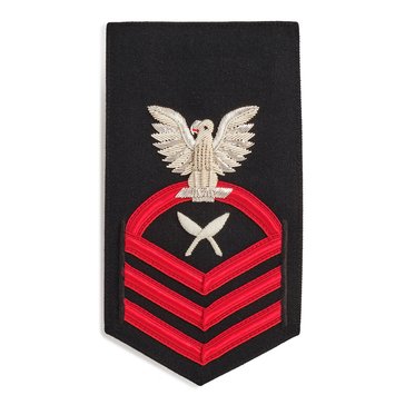Men's E7 (YNC) Rating Badge in PREMIER VANFINE 24KT BULLION with Red Lace on Blue Brooks Brother's POLY/WOOL for Yeoman 
