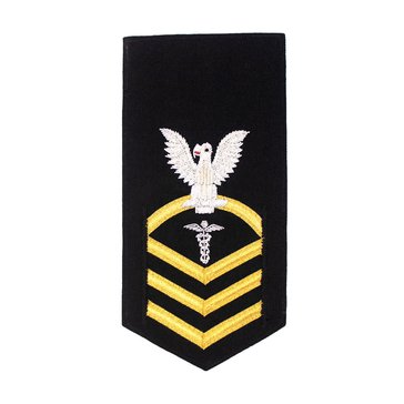 Women's E7 (HMC) Rating Badge in PREMIER VANFINE 24KT BULLION with Gold Lace on Blue Brooks Brother's POLY/WOOL for Hospital Corpsman 