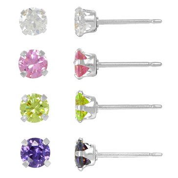 Sterling Silver 4 Pair 4mm Color Cubic Zirconia Earrings