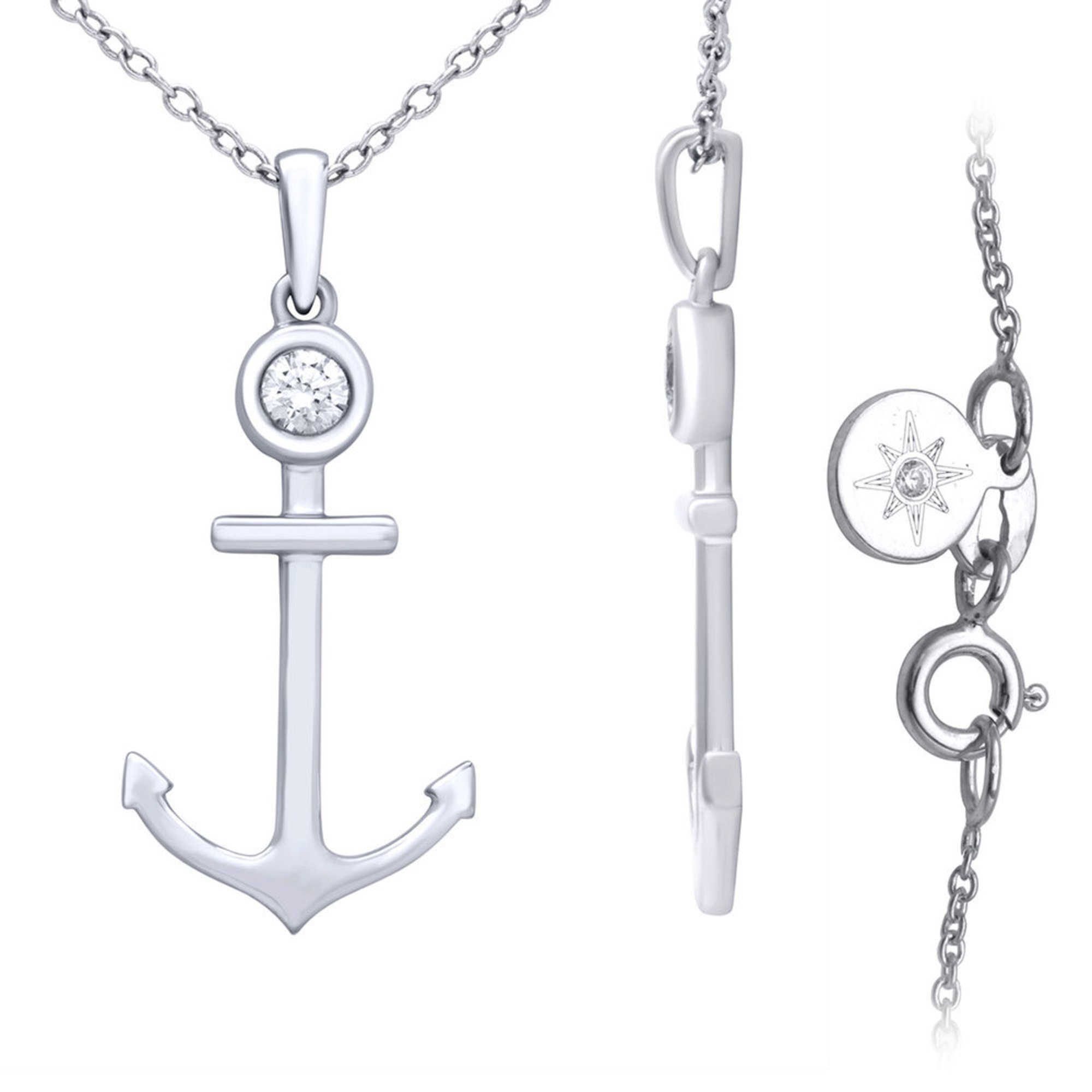 Navy Star 14k 1/5 Cttw Anchor Pendant, White Gold Diamond Necklaces