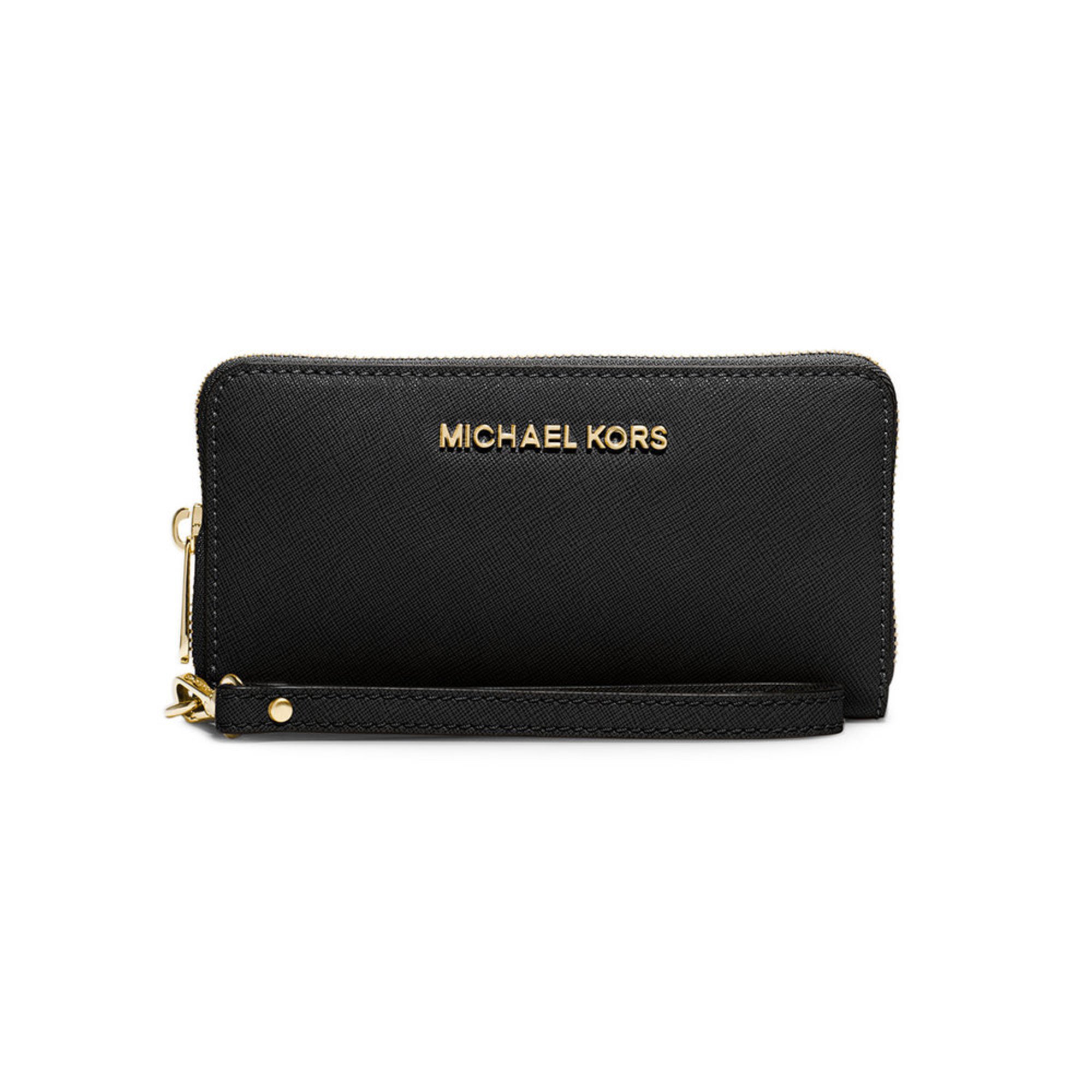 Michael Kors Jet Set Travel Large Flat Multifunction Phone Case Saffiano Black Wristlets