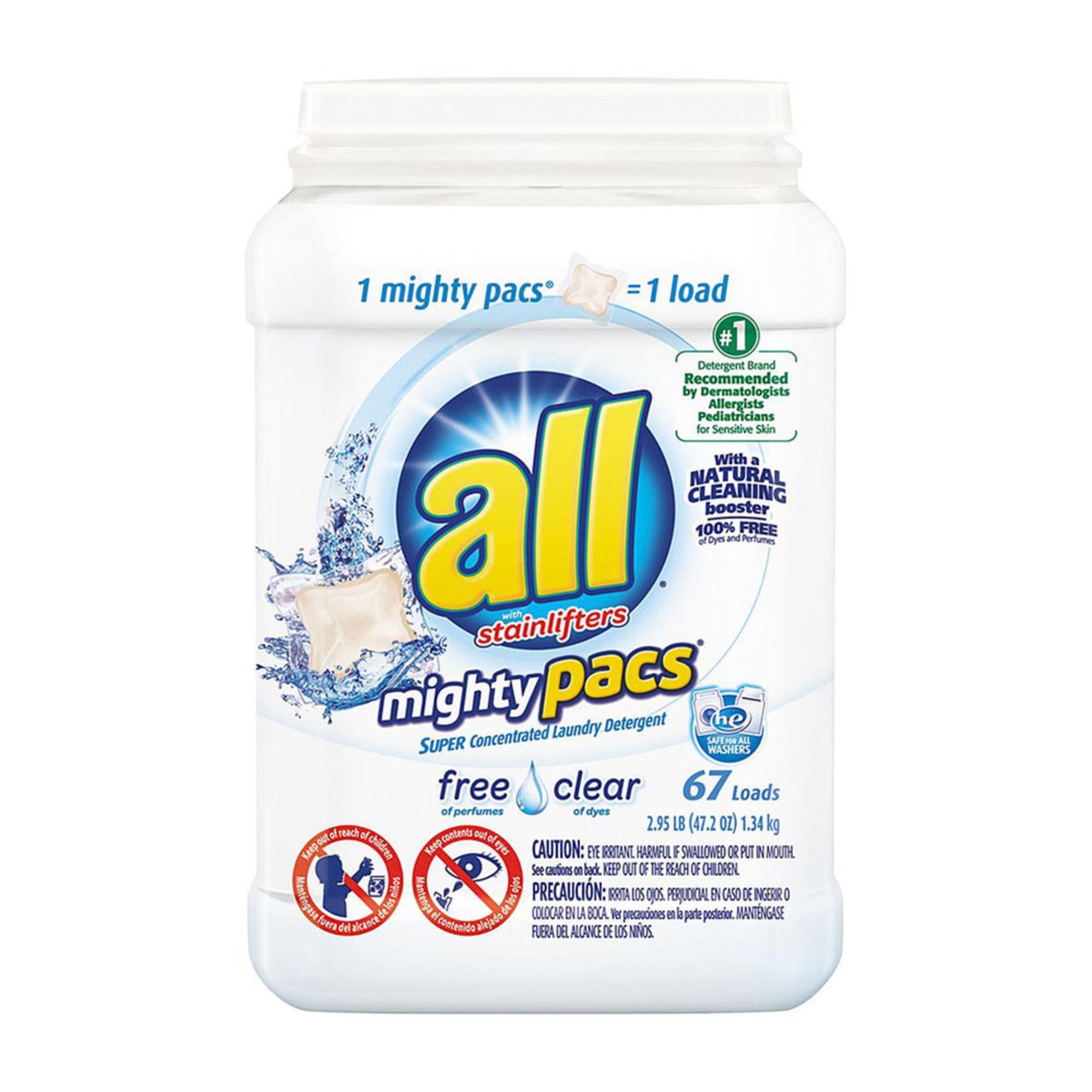 All Mighty Pacs Free Clear W/stainlifters Laundry Detergent, 72count