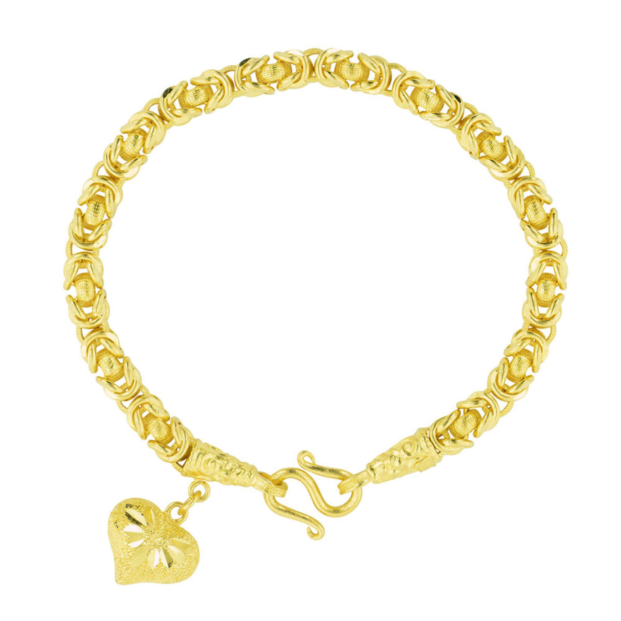 1 Baht Byzantine Bracelet With Heart Dangle 23k Gold Bracelets 1 Baht Byzantine Bracelet With Heart