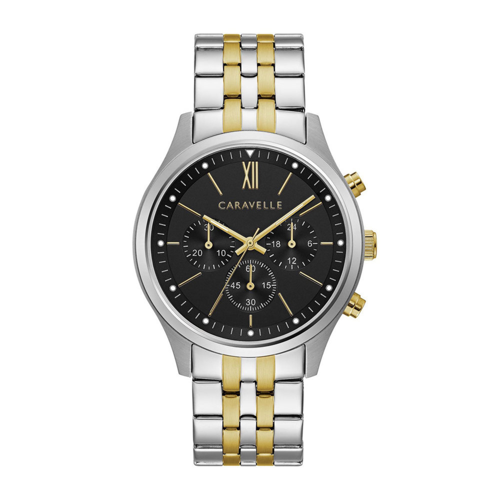 Caravelle Mens Two Tone Stainless Steel Sport Chronograph Black Dial