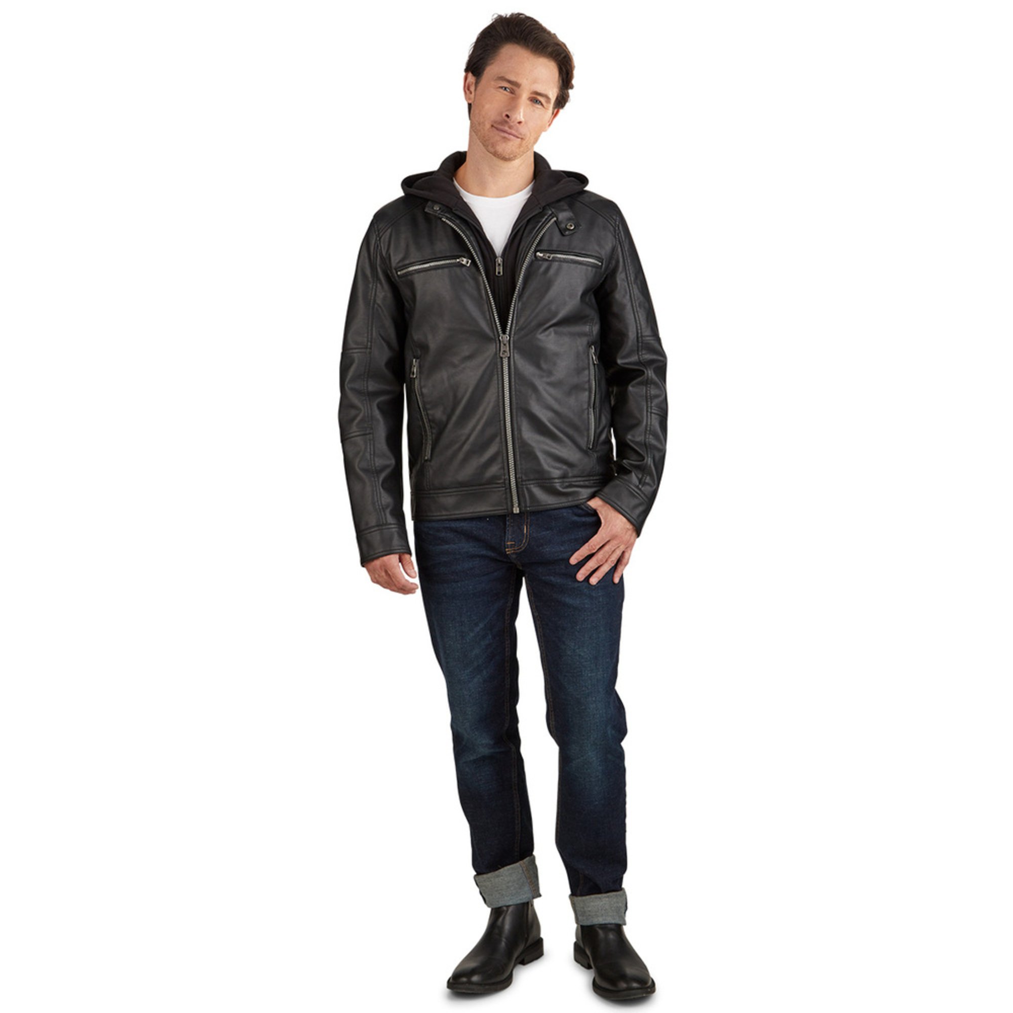 guess men's faux leather hooded moto jacket