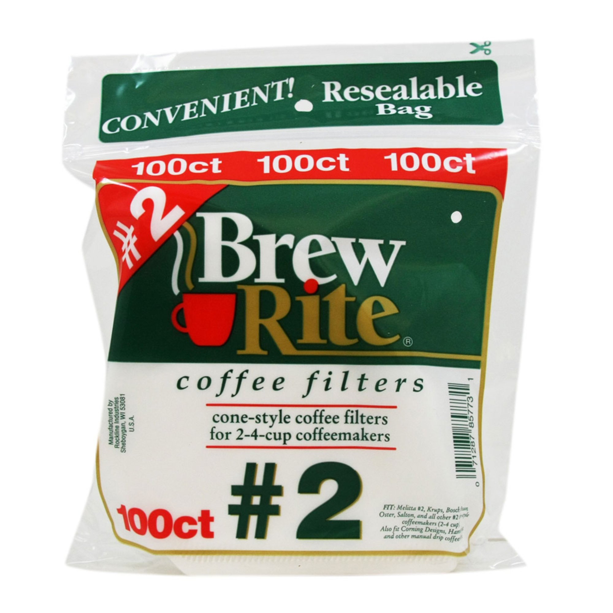 Brew Rite 2 Cone Filter, White Paper, Zip Bag, 100count Coffee