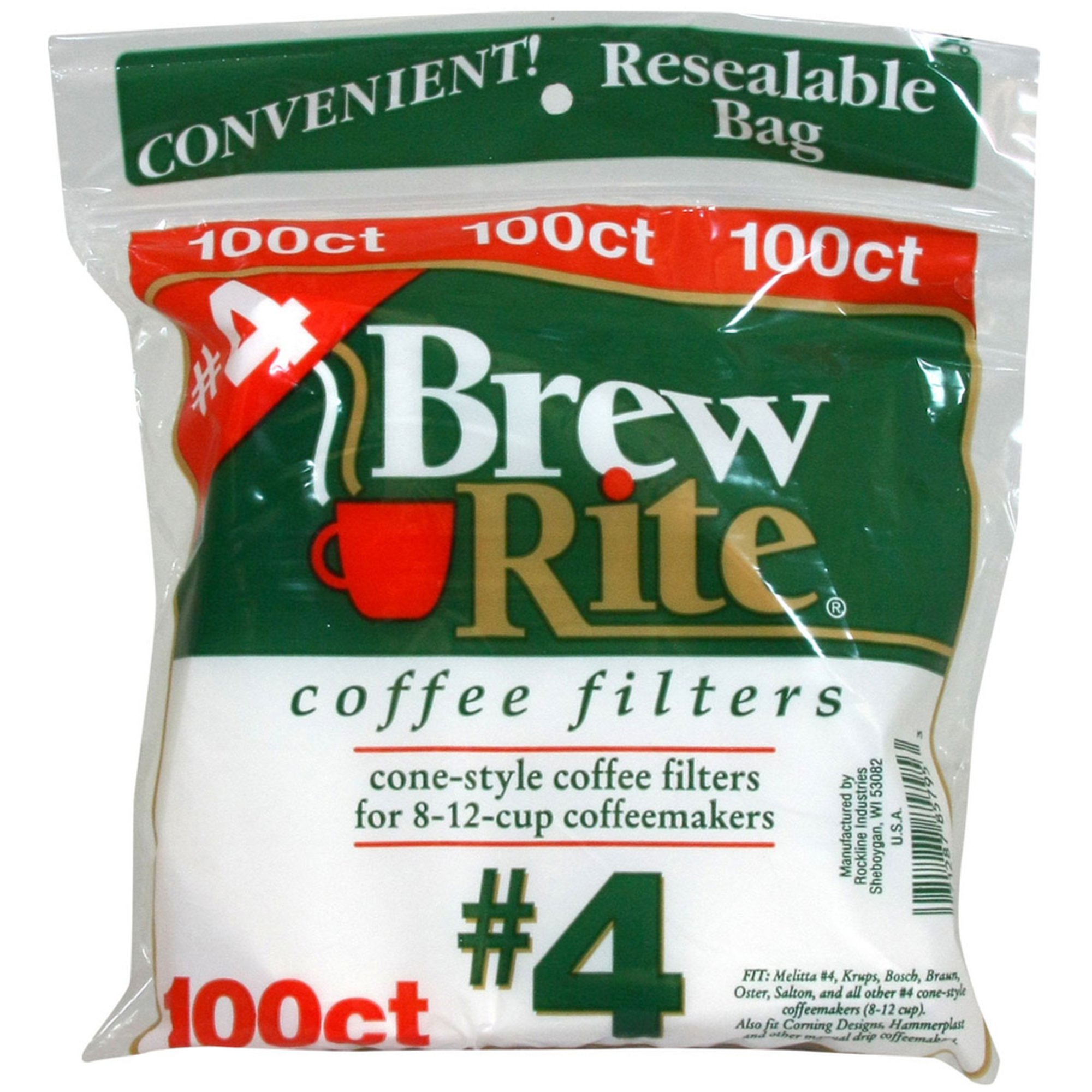Brew Rite 4 Cone Filter, White Paper, Zip Bag, 100count Coffee