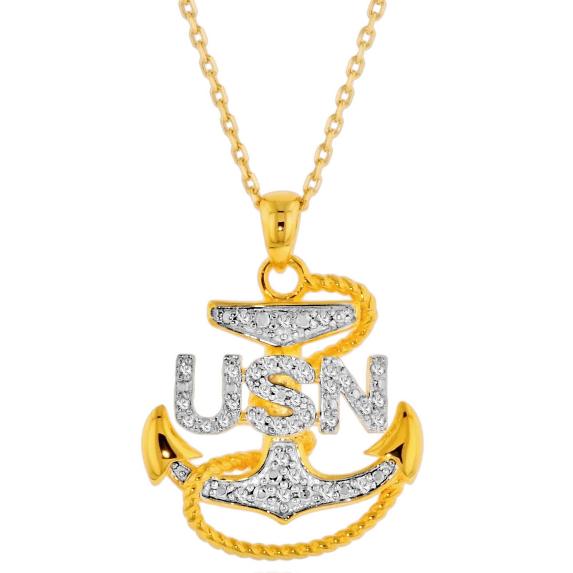 Sterling Silver/gold Plated 18" 1/5 Cttw Diamond Anchor Usn Pendant